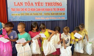 Báo Công an TPHCM và nhà tài trợ tặng quà trẻ em khó khăn sống trên hồ Dầu Tiếng